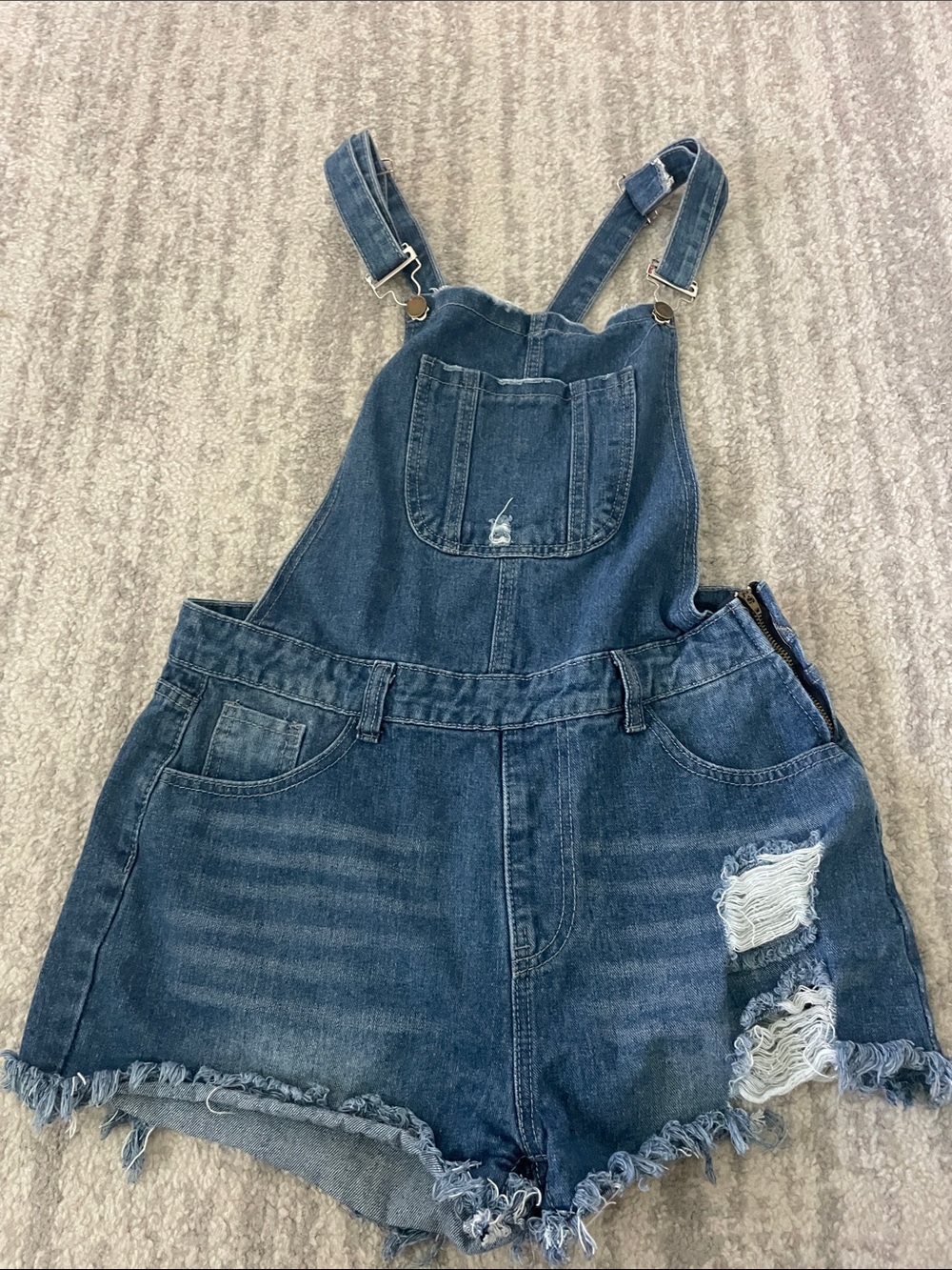 Women's Blue Denim Short Overalls - Distressed Jean Shorts